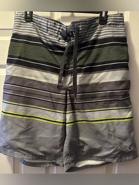 OP Men's Gray Swim Board Shorts with Black and Lime Stripes